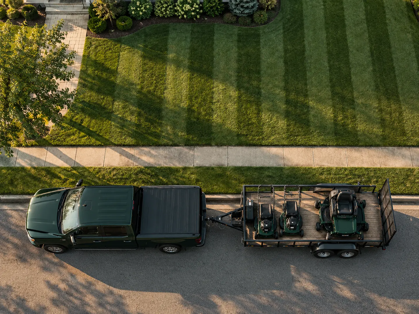 Seen from above, a green pickup towing a trailer of mowers, parked at the curb beside a striped lawn.