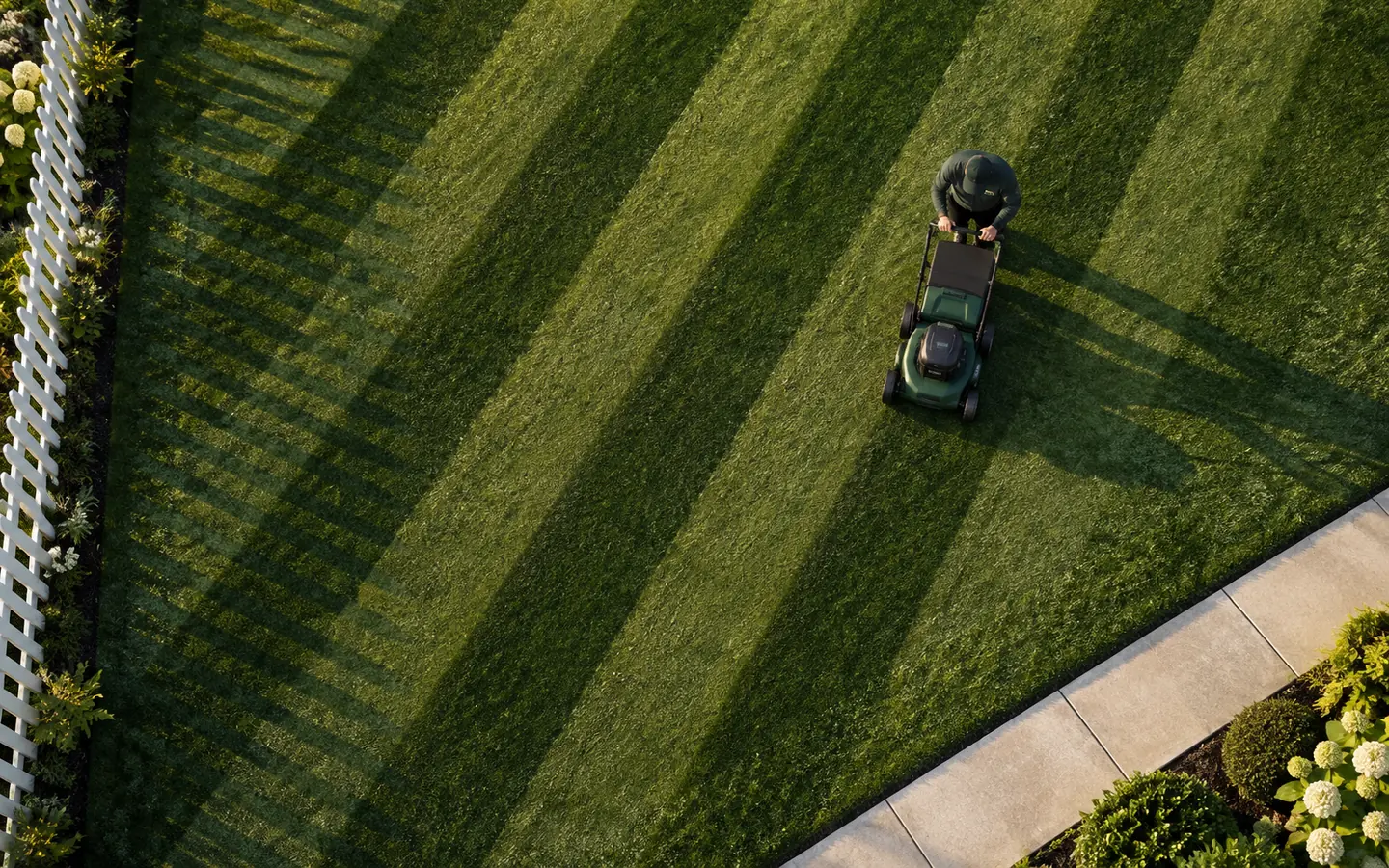 Looking straight down on a front lawn mown in wide diagonal stripes, a picket fence throwing long morning shadows across it.