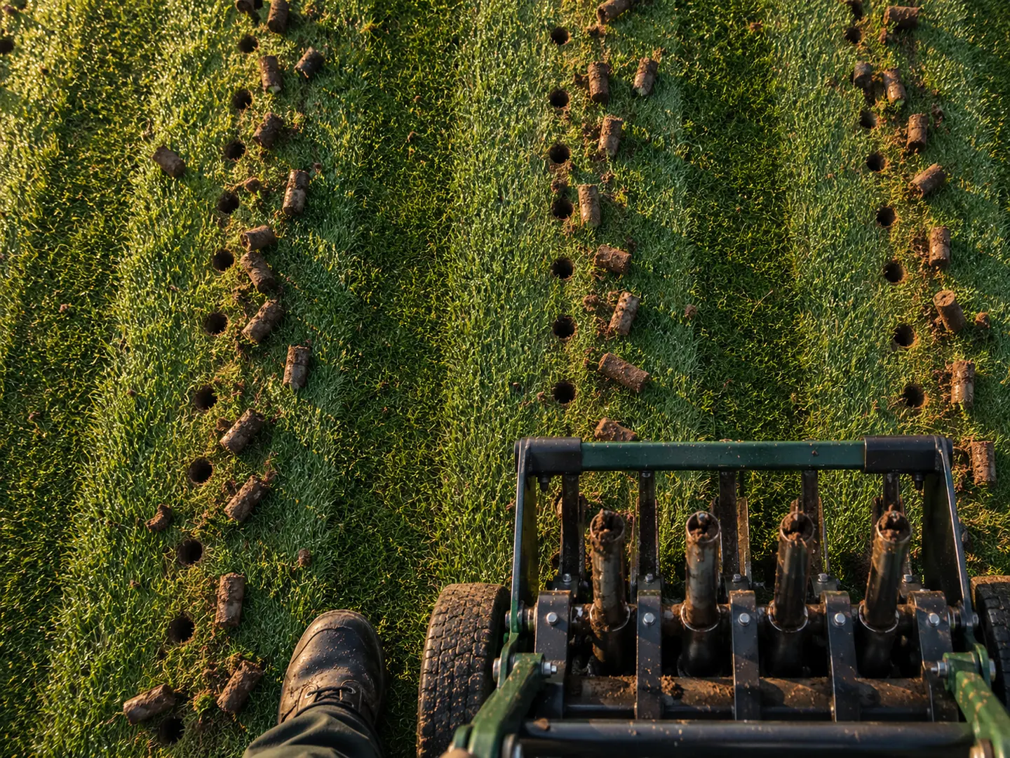 A striped lawn just core aerated, small soil plugs lying in neat rows along the stripes.
