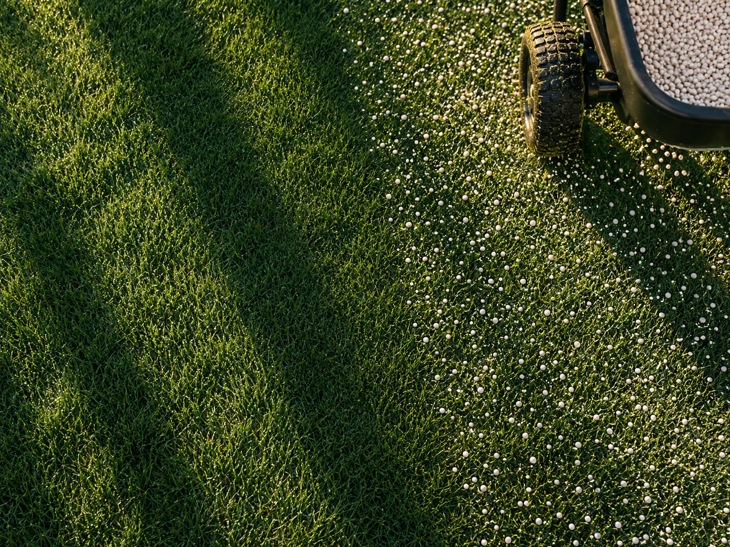 Fertilizer granules scattered over dewy grass, with the wheel of a spreader at the edge.